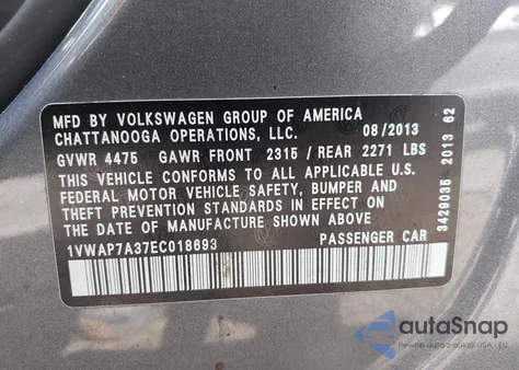 2014 Volkswagen Passat 2.5L S from USA, damaged, VIN 1VWAP7A37EC018693